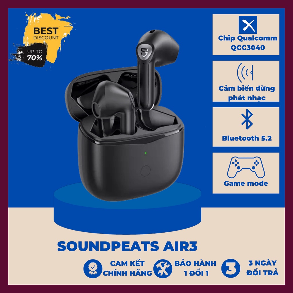 Tai Nghe Không Dây Mini Soundpeats Air3 Cảm Biến Tai Bluetooth V5.2 Game Mode QCC3040 (Phiên Bản Soundpeats TrueAir3)