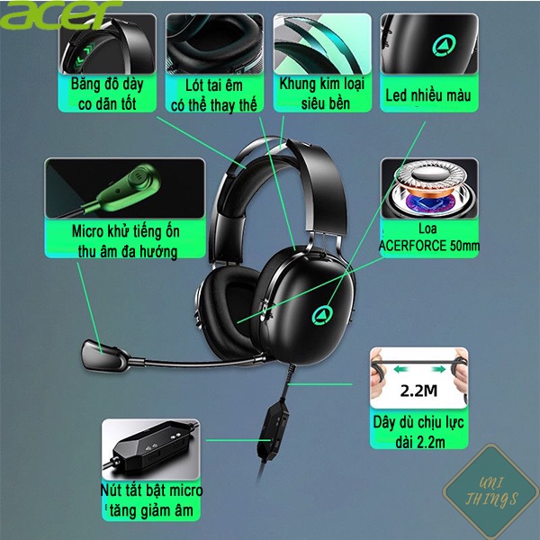 Tai nghe gaming chính hãng Acer có micro, tai nghe chụp tai có led phong cách phi công màu xanh rêu, trắng
