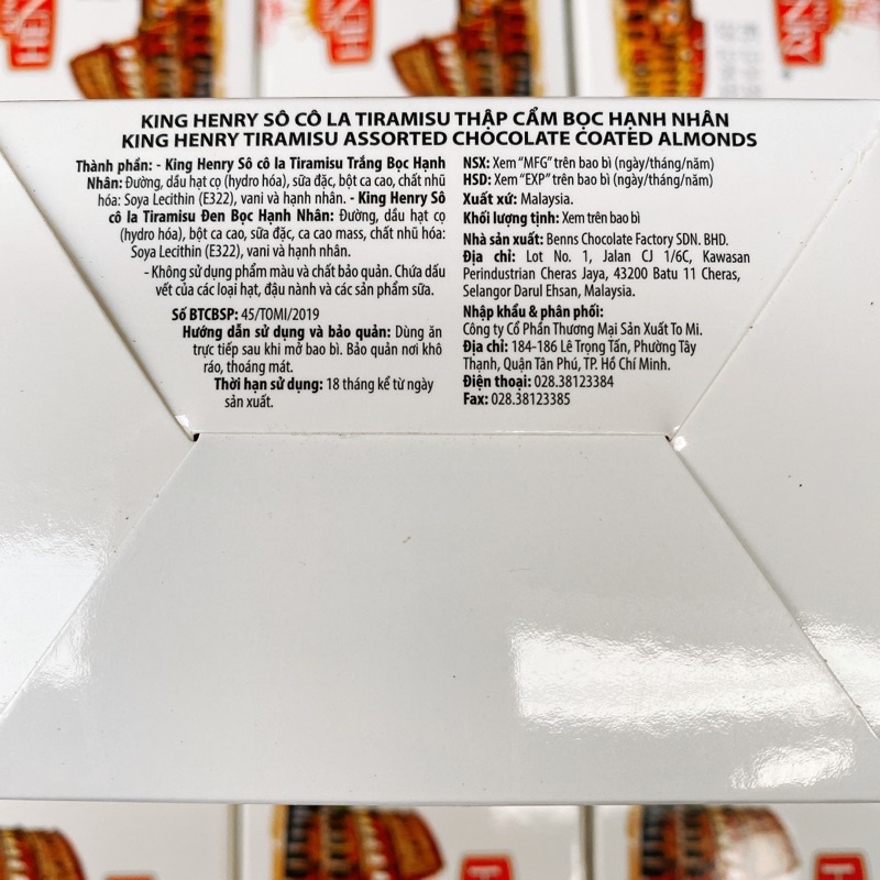 Hộp socola 🍫 Hạnh nhân Tiramisu King Henry 90gram. Date 04/2024