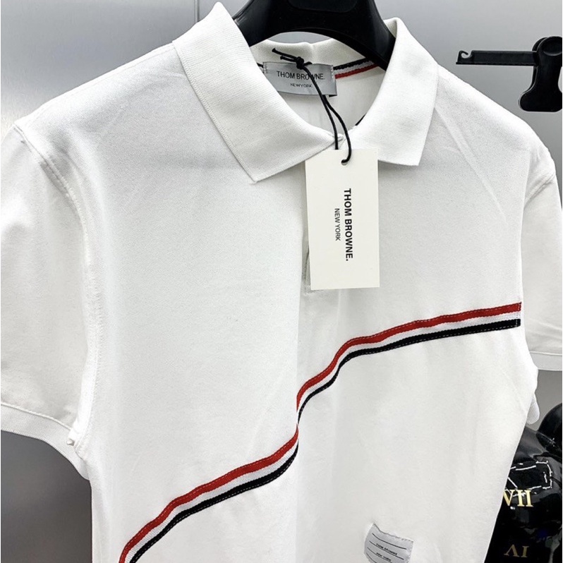 Áo polo cộc tay Thom Brown có hoạ tiết kẻ, Áo có cổ thời trang mùa hè phong cách hàn quốc cotton btshop từ 45 đến 75 kg