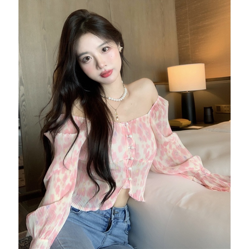 QKOOLE  Áo Croptop Trễ Vai Tay Loe Màu Hồng Phong Cách Hàn Quốc Cho Nữ