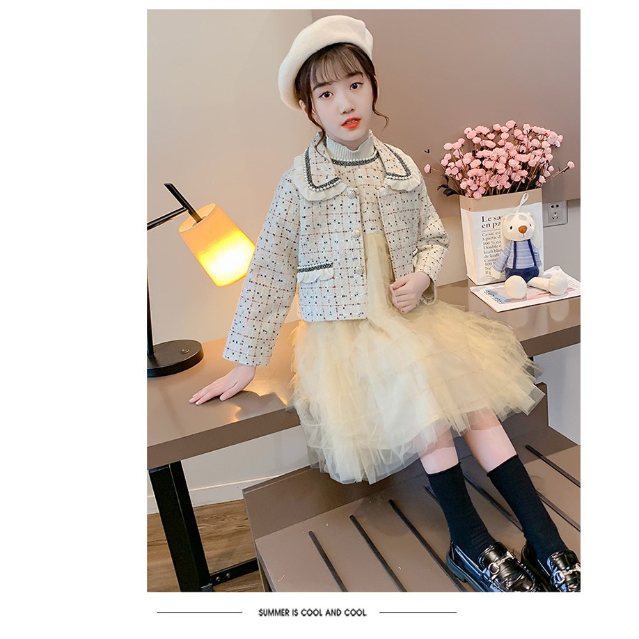 Váy thu đông bé gái chất dạ phối ren tầng xinh xắn tặng kèm áo khoác siêu đẹp size 14-32kg [SV07]