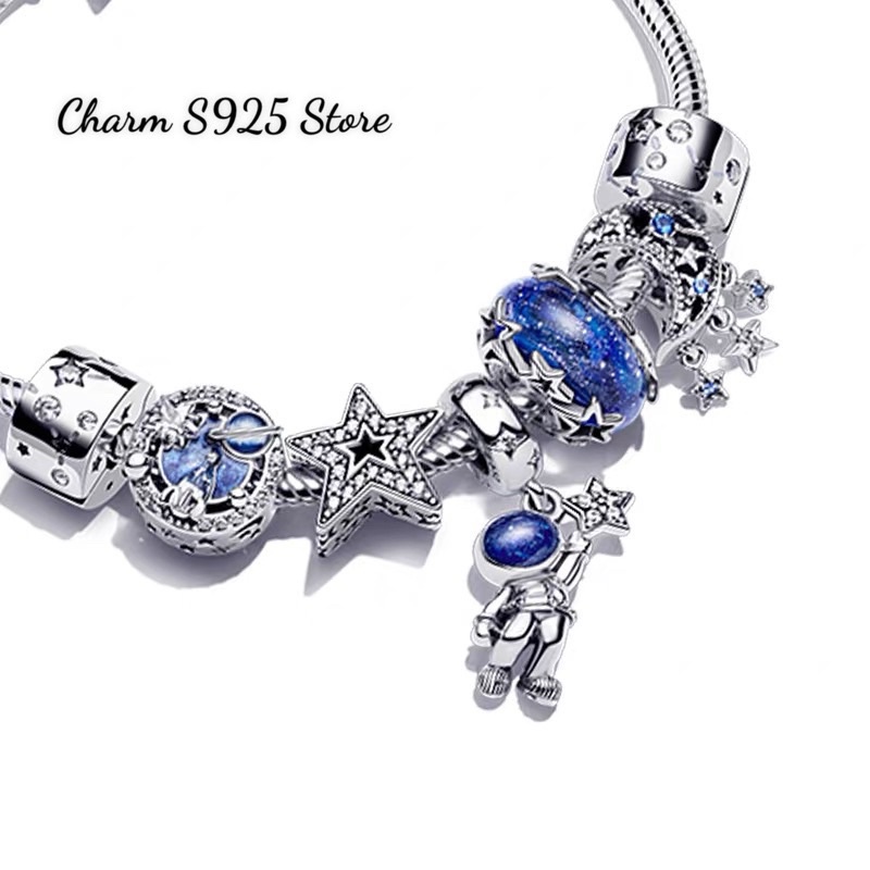 COMBO BỘ VÒNG TAY MỀM PAN.DO.RA ALE MIX 7 HẠT CHARM BẦU TRỜI XANH BẠC S925 CAO CẤP