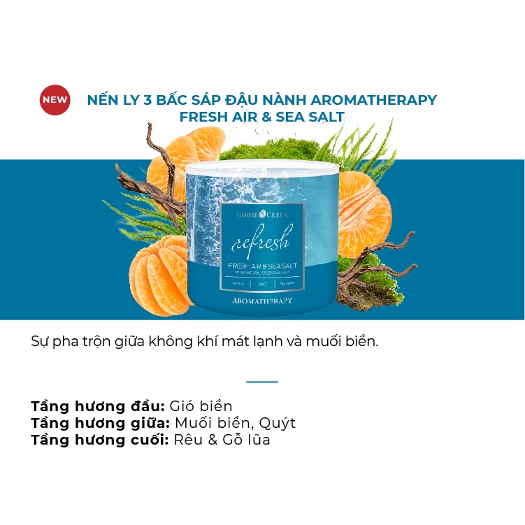 Nến Ly 3 Bấc Sáp Đậu Nành Aromatherapy Goose Creek 14.5oz - 411g - Fresh Air & Sea Salt