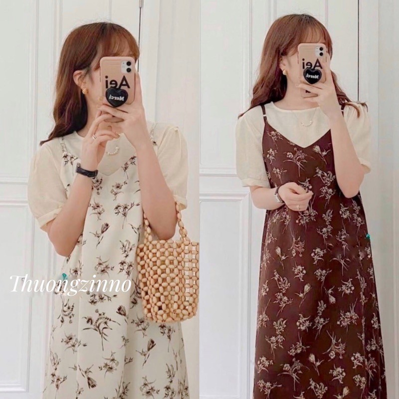 [Ảnh thật/Video]Váy hai dây Chiffon hoạ tiết hoa lá Đầm hai dây lụa hoa vintage | BigBuy360 - bigbuy360.vn