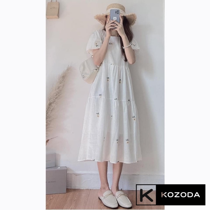 Đầm Váy Babydoll Hoa Cúc Tay Bồng Chất Xước Mát Mẻ Phong Cách Hàn Quốc Vintage Kozoda D24 | BigBuy360 - bigbuy360.vn