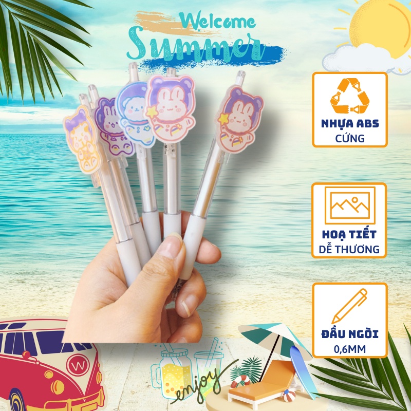 Bút bi mực nước ngòi 0,6mm gắn sticker siêu dễ thương
