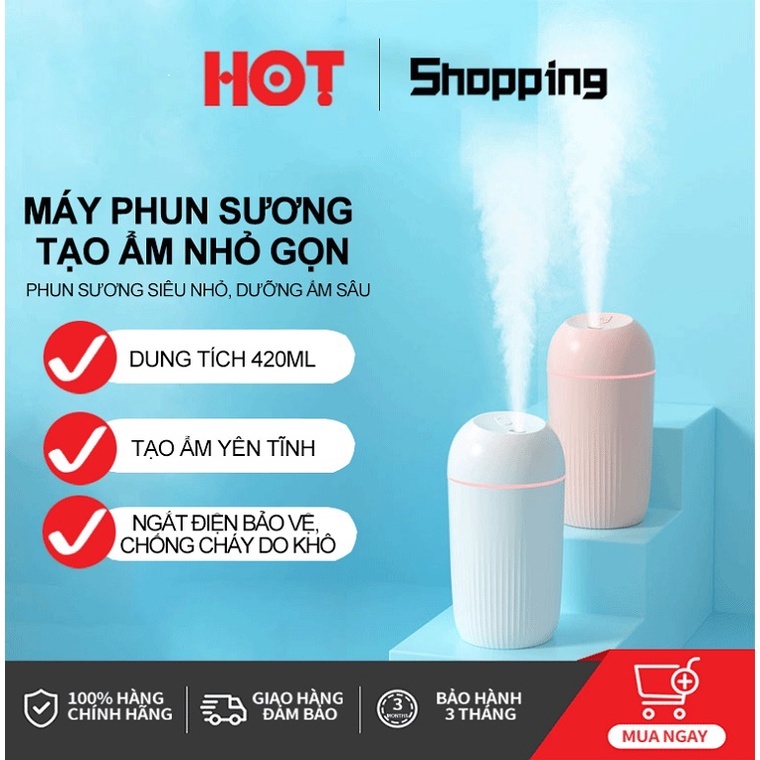 Khuếch tán tinh dầu Tròn, dung tích 420ML, đèn LED nhiều màu, hết nước tự tắt