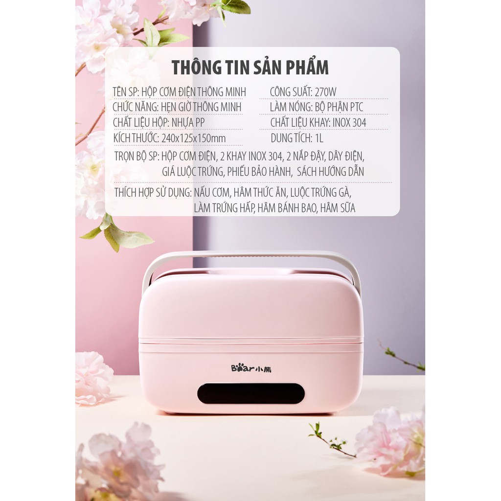 Hộp Cơm Điện Thông Minh Bear Có Hẹn Giờ (Màu Hồng Và Trắng) Khay Inox Có Nặp Đậy Và Hút Chân Không Để Bảo Quản Thức Ăn | BigBuy360 - bigbuy360.vn