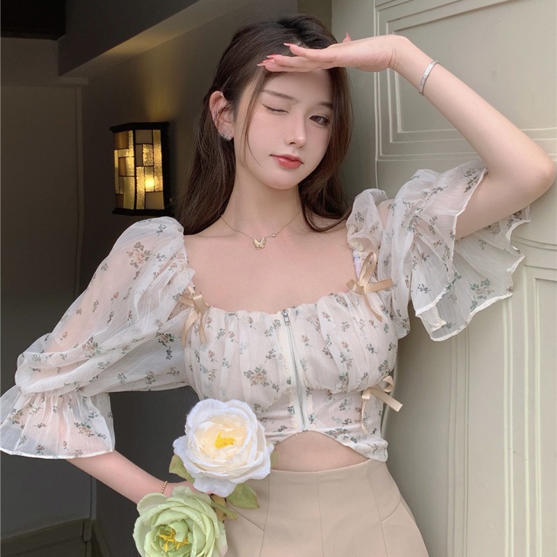 Áo Sơ Mi chiffon Mỏng Tay Phồng Họa Tiết Hoa Thời Trang Mùa Xuân Cho Nữ