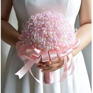 HOA CƯỚI CẦM TAY BẰNG HẠT TRAI HẠT CHÂU HẠT CƯỜM HỒNG PHẤN PASTEL - BÓ HOA CÔ DÂU HIỆN ĐẠI, TẶNG KÈM HOA CÀI ÁO CHÚ RỄ