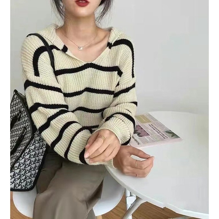 Áo dệt kim nữ tay dài cổ chữ V họa tiết kẻ sọc thời trang năng động