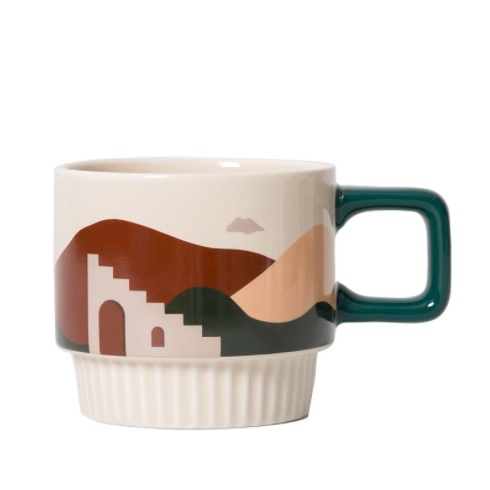 Cốc ly sứ OASIS phong cách Bắc Âu dung tích 320ml họa tiết xinh xắn viền quai xanh dùng để pha cà phê, pha trà - Ráp