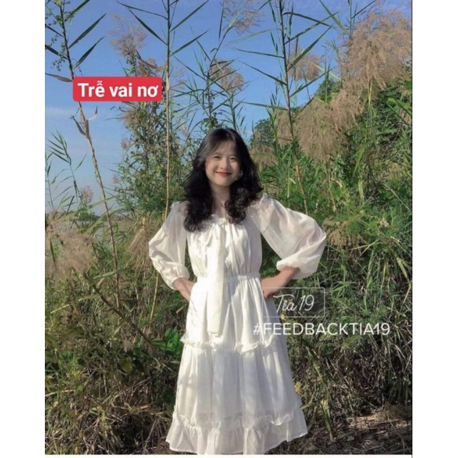 Váy Trễ Vai Buộc Nơ Chất Von Mềm Mịn 2 Lớp Dày Dặn
