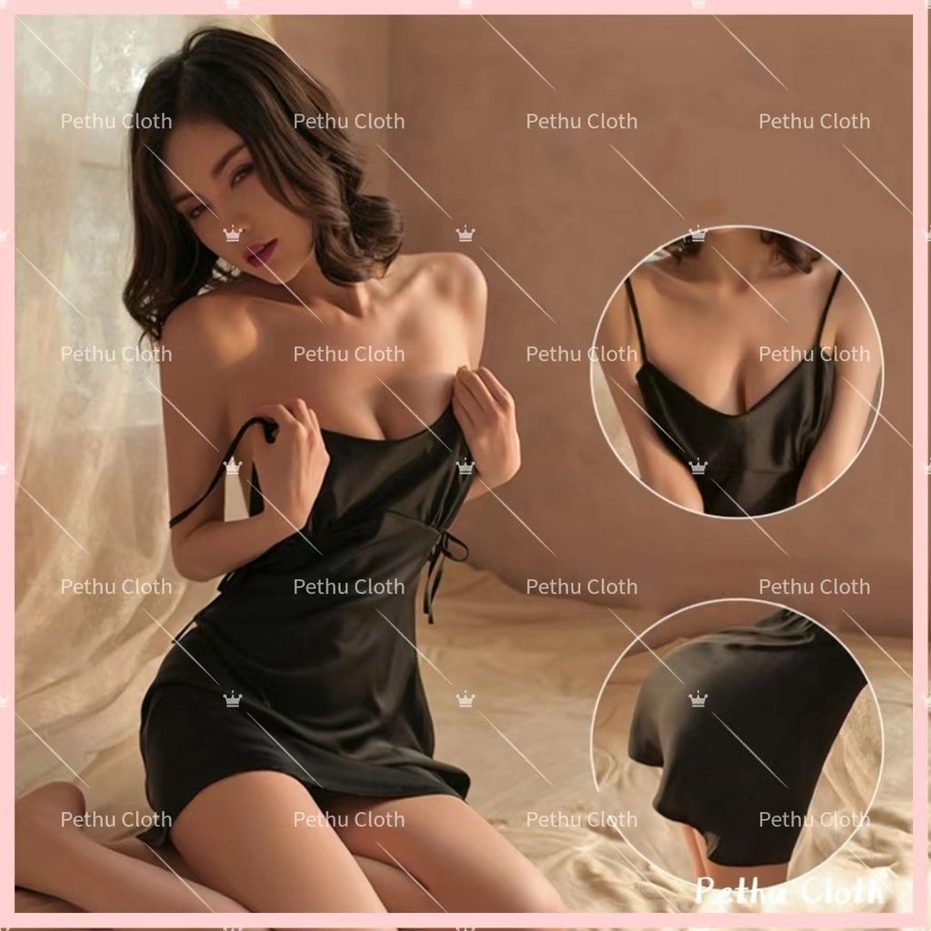 （Q1,HCM）Váy/Đồ ngủ sexy hai dây lụa phối ren mềm mịn cao cấp kèm quần lọt khe gợi cảm 40-65kg--017