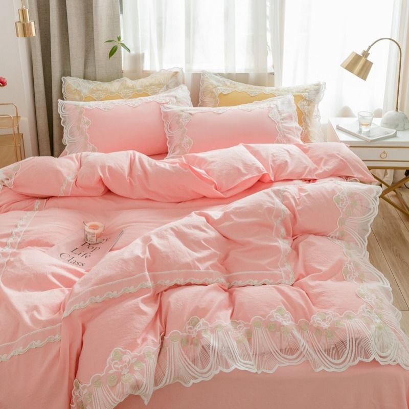 Korean Princess Feng Shui washed cotton bed skirt three or four piece set net red girl lace quilt cover solid color bedspread fitted sheet