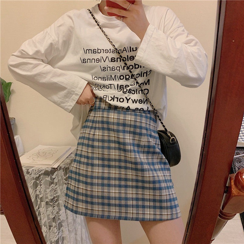 Korean fashion high-waisted plaid short skirt for women