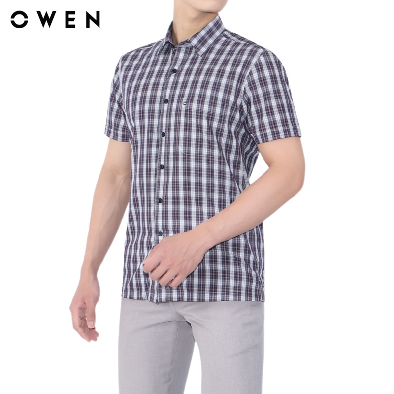 Áo sơ mi ngắn tay nam Owen Bamboo Body Fit Navy trắng đỏ - BA23535N