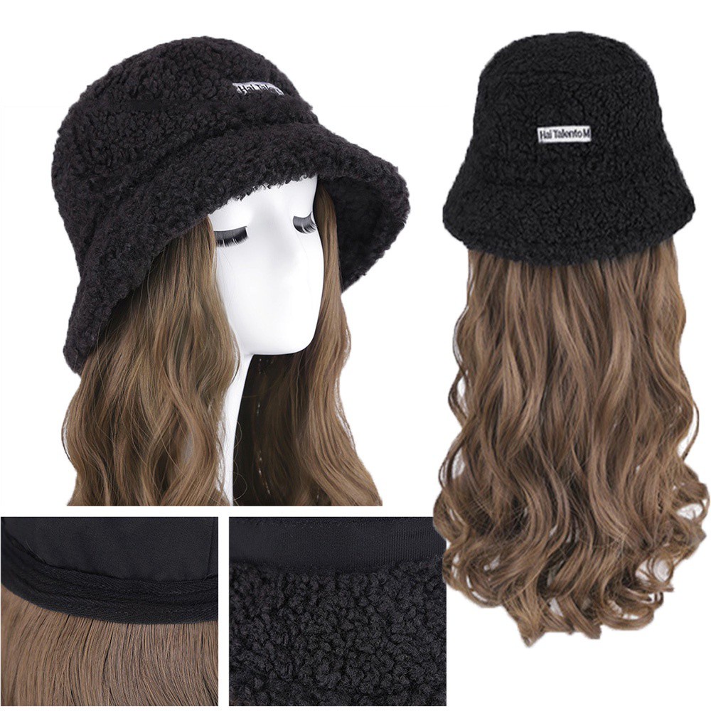 GUADALUPE Winter Velvet Bucket Hat Wigs Natural Long Wavy Wigs Wig With Bucket Hat Fluffy Hair Extensions Wide-brimmed Curly High Temperature Fiber Breathable Synthetic Hair/Multicolor