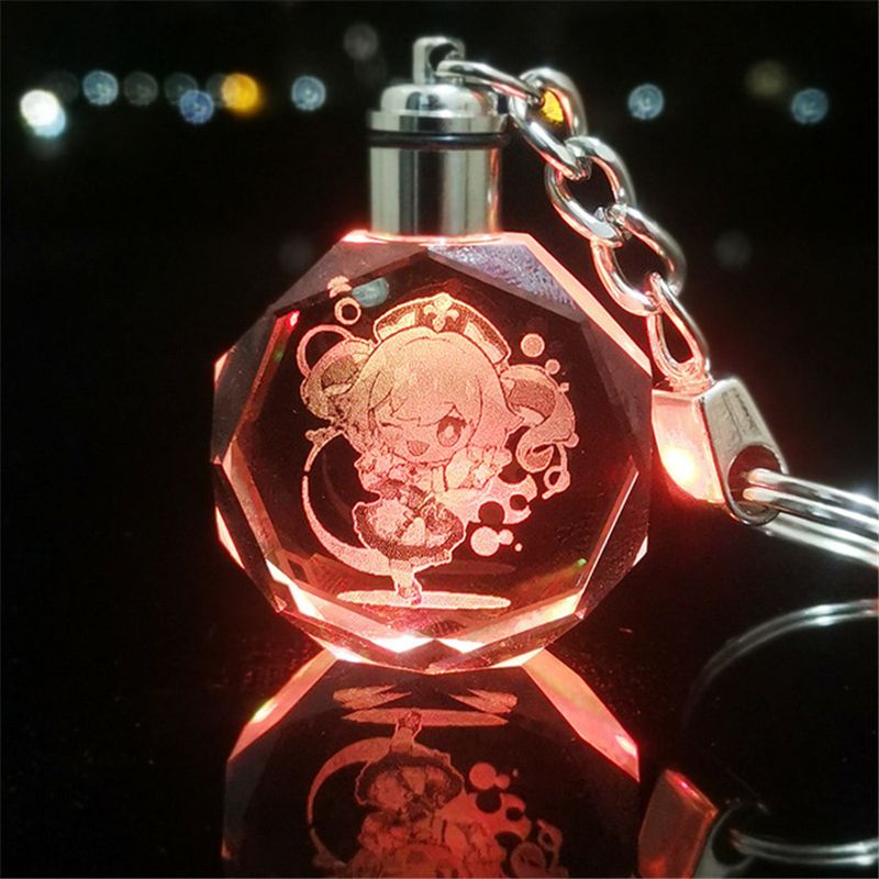 Mặt dây chuyền móc khóa pha lê LED đầy màu sắc họa tiết Genshin Impact Wendy Klee Keqing Qiqi 3 cm