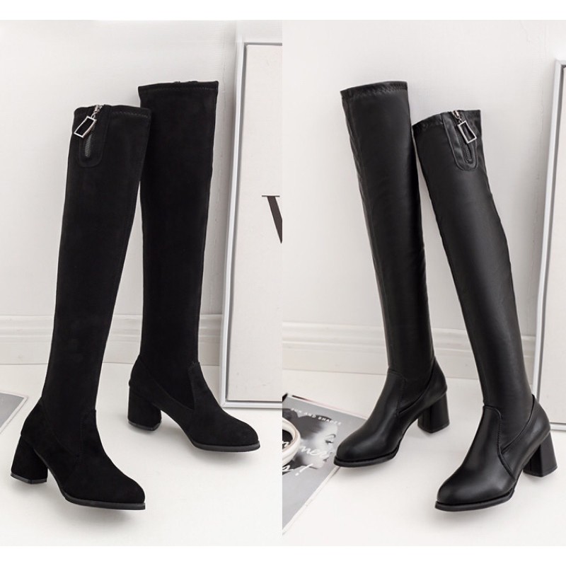 Boots đùi nữ Ulzzang da lộn đế vuông cao 6cm