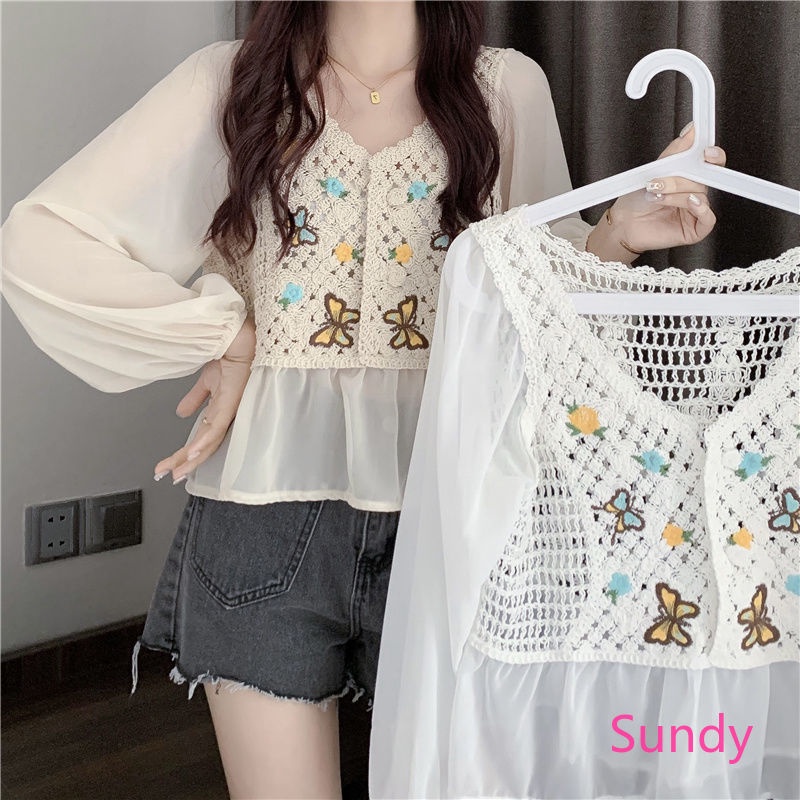 Áo Sơ Mi Chiffon Dệt Kim Dáng Rộng Thêu Hoạ Tiết Đơn Giản Thời Trang Mùa Thu Dành Cho Nữ