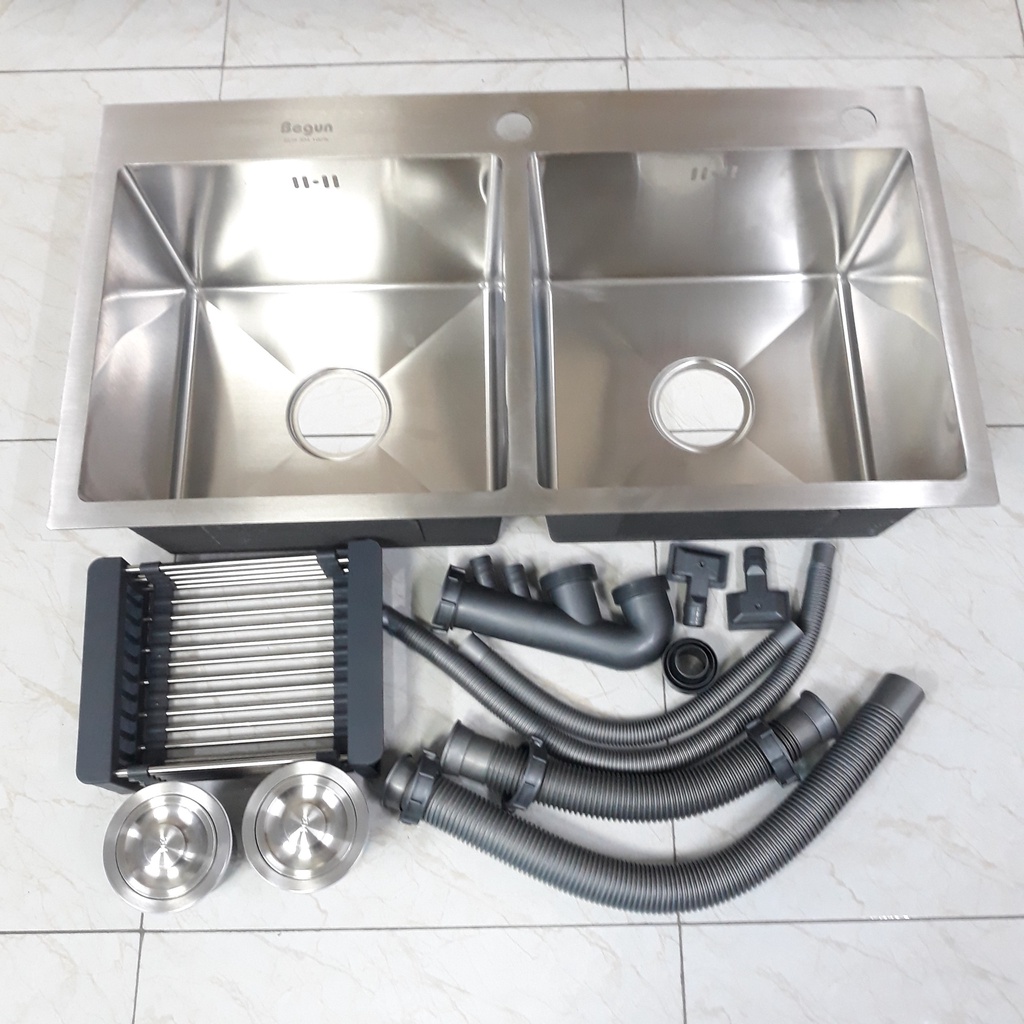 Bộ Chậu rửa chén bát INOX 304 cao cấp 2 hố cân cỡ 82x45cm, màu xám bạc chống trày xước, dễ vệ sinh - QM.CR001