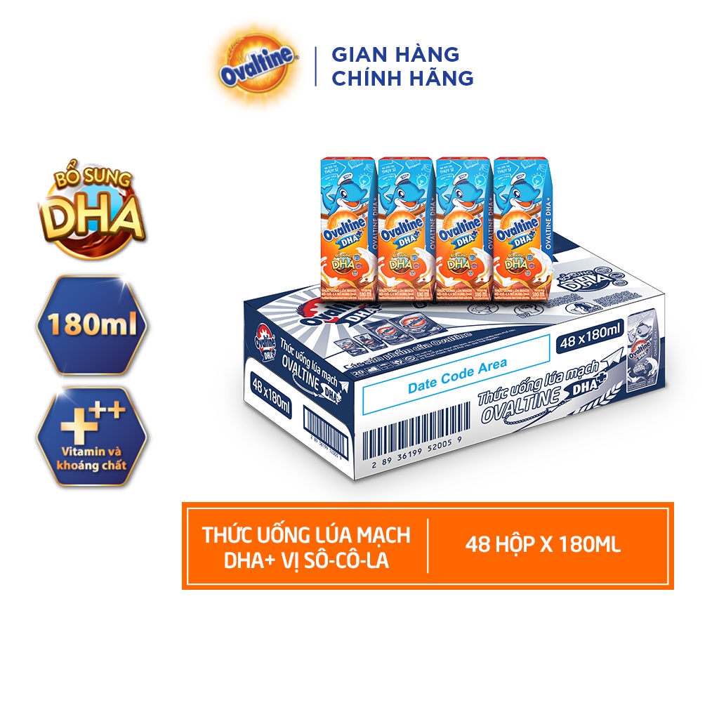 Thùng 48 hộp Thức uống lúa mạch hương vị sô-cô-la Ovaltine DHA+ (180ml x 48)