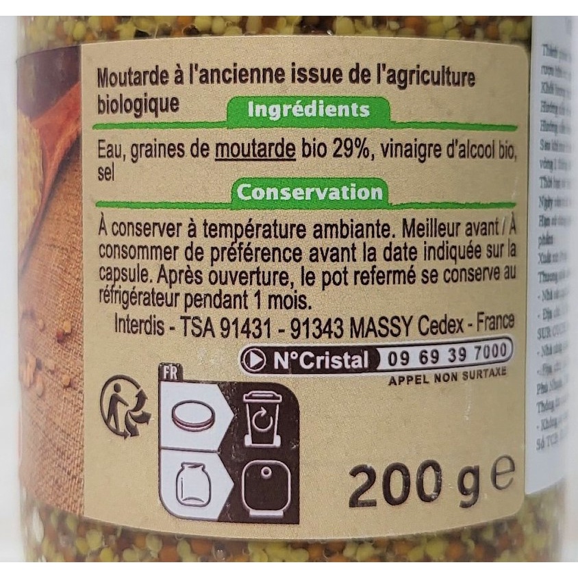 [Lọ 200g – HẠT] [Organic] MÙ TẠT NGUYÊN HẠT HỮU CƠ [France] CARREFOUR BIO Wholegrain Mustard (atp)