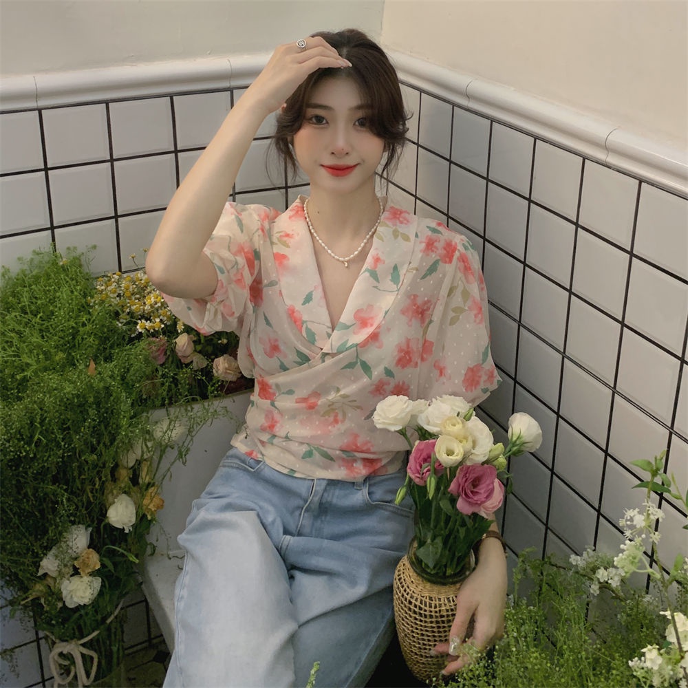 Áo Hoa Tay Ngắn Thắt Nút Chéo Phong Cách Hàn Quốc Trẻ Trung