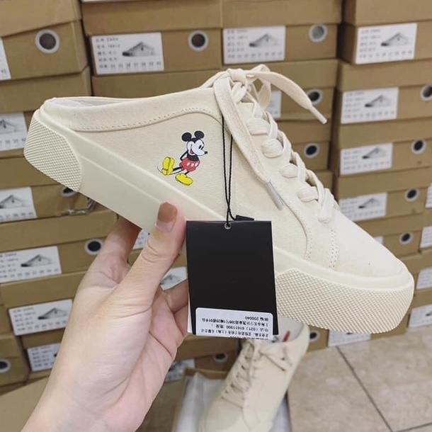 Giày Thể Thao nữ hở gót, sục mickey, giày đạp gót zara vải canvas in hình chuột mickey