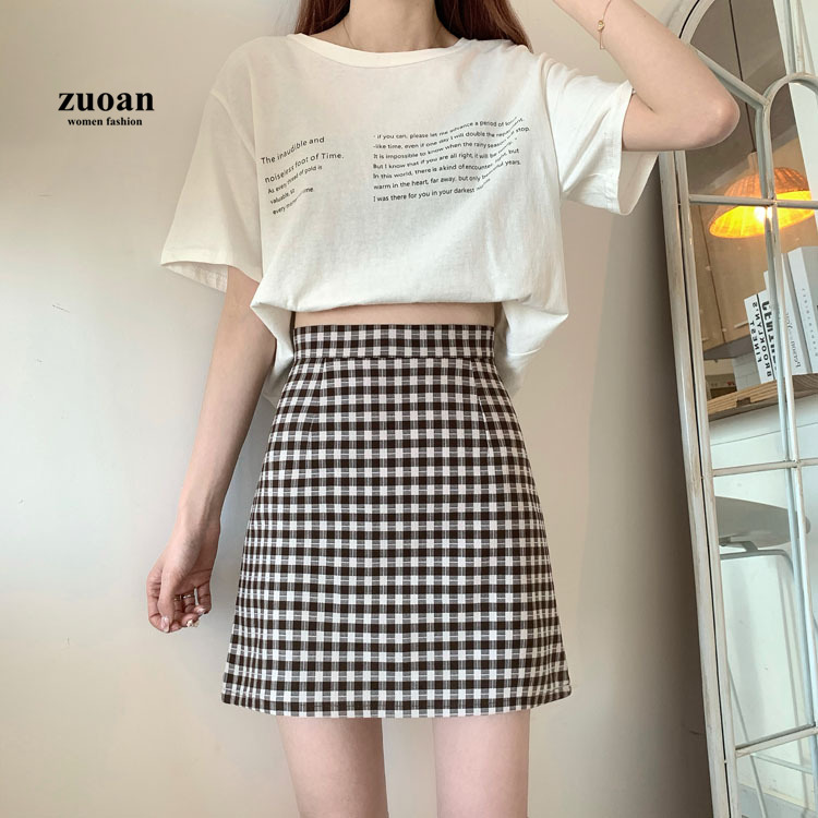 Chân váy SUXI chữ A eo cao hoa văn kẻ ô phong cách hàn quốc dành cho nữ