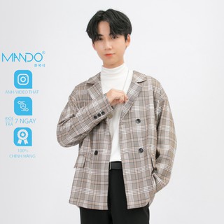 Áo Blazer Nam Kẻ Caro Xám Be MANDO Áo Khoác Thu Đông Dài Tay Phong Cách Hàn Quốc Chất Liệu Cao Cấp 2021 - AVN015