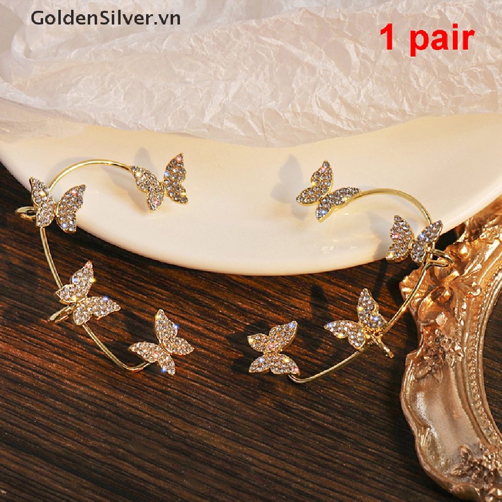 Bông Tai Dạng Kẹp Hình Bướm Màu Vàng Kim / Bạc Đính Đá Zircon
