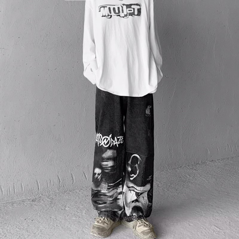 Quần Jeane Ống Rộng Dáng Suông - Phong Cách Hàn Quốc - QJ09- Thời Trang Unisex - Phối Hình In có size Nam và Nữ