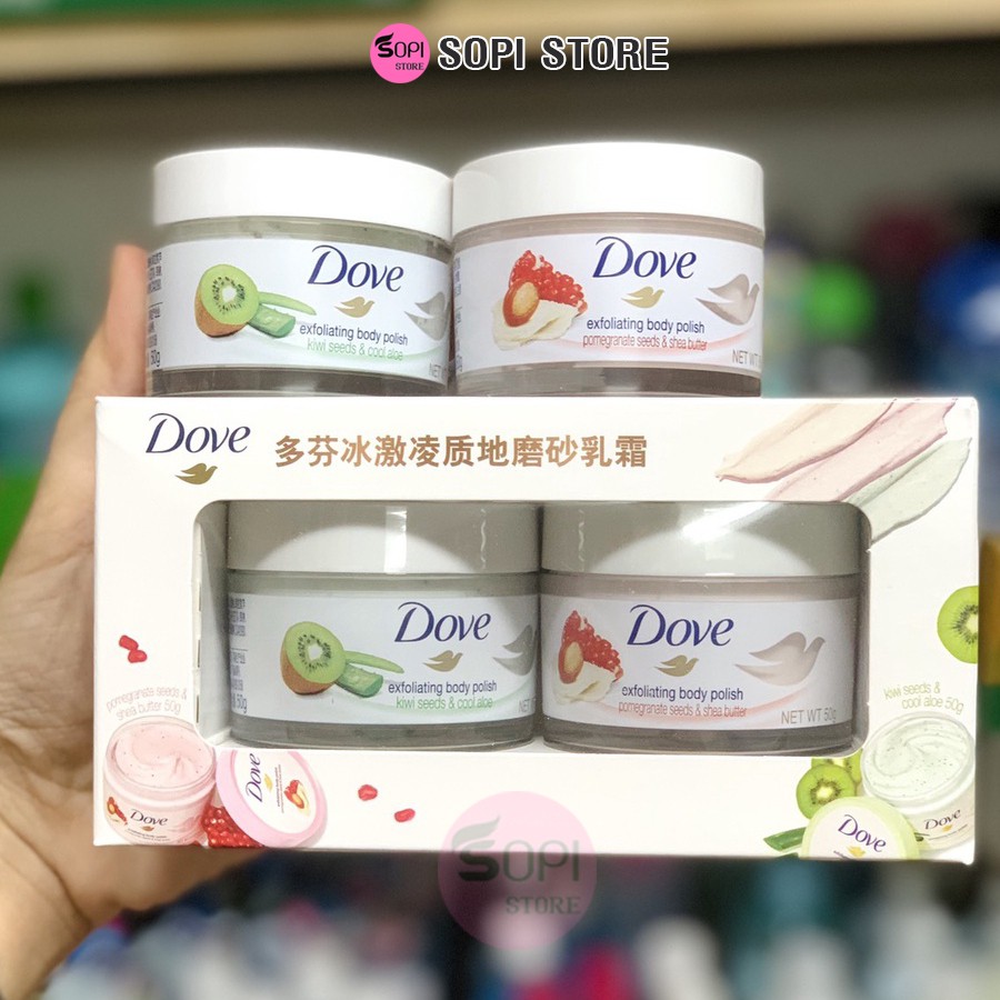 Tẩy da chết body DOVE exfoliating body polish hũ 50g chiết xuất từ thiên nhiên giúp da mịn màng - Sopi Store