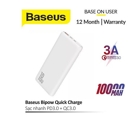 Pin dự phòng sạc nhanh 18W Baseus Bipow thiết kế Ultrathin chắc chắn dung lượng 10000mAh cho iPhone/Xioami/Huawei