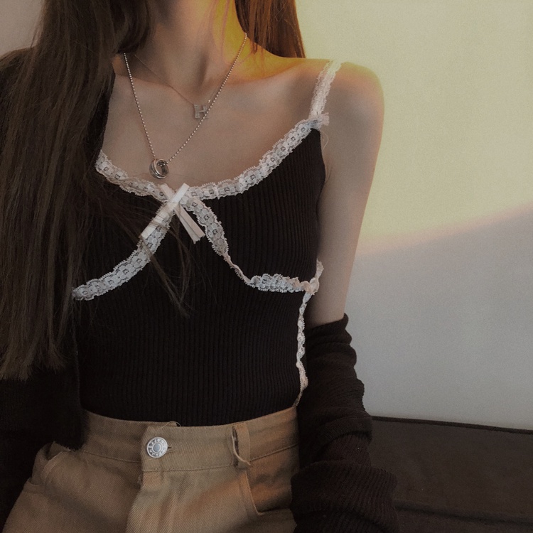 Áo dệt kim ZHELIHANGFEI 2 dây phối ren thời trang hè phong cách Hàn Quốc quyến rũ cho nữ