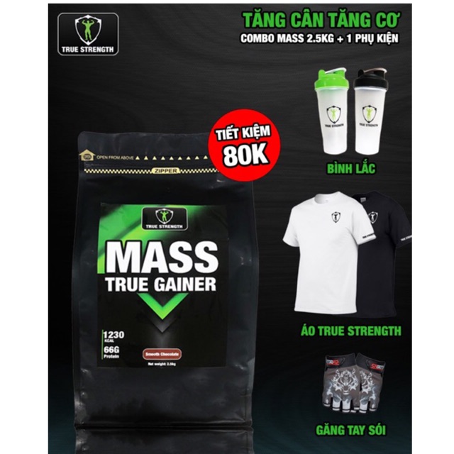 [TIẾT KIỆM 80K] Combo Mass True Gainer 2.5KG + Bình lắc hoặc Găng Tay hoặc Áo phông