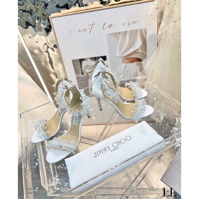 Sandal cao gót quai đá màu trắng siêu hot siêu đẹp fullbox