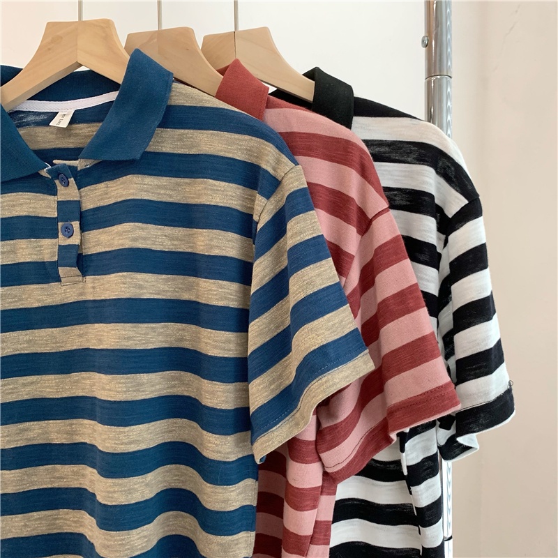 SUXI Áo polo Cotton Ngắn Tay Họa Tiết Sọc Ngang Thời Trang Dành Cho Nữ