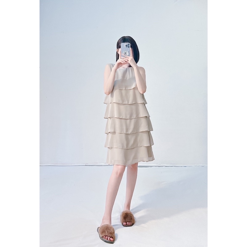 Đầm suông voan tầng cột dây