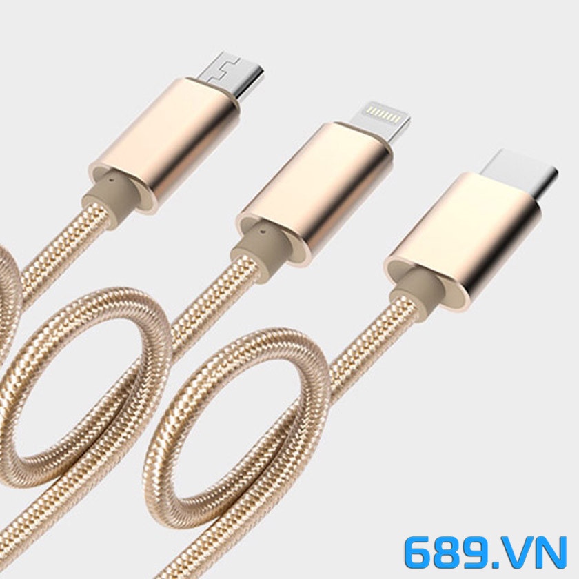 Dây Cáp Sạc Nhanh 3 đầu 3 in 1 - BH Vĩnh Viễn Đầu Nối USB Dây Nylon Bện Dài 1m