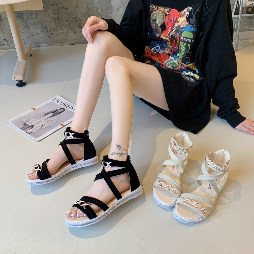 Xăng đan Da Lộn Đế Bằng Hở Ngón Phối Khóa Kéo Phong Cách Roman Thời Trang Đi Biển Cho Nữ