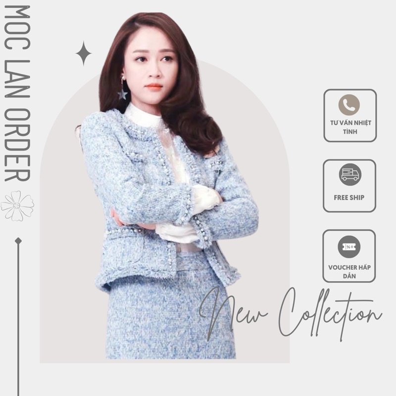 (MộcLan ORDER) sét dạ tweed dành cho nữ hai màu xanh Hồng hàng quảng châu