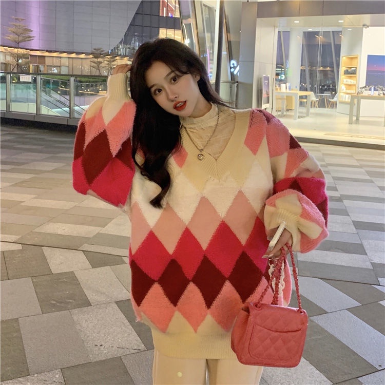 Áo Len Tay Dài Cổ Chữ v Form Rộng Họa Tiết Hình Thoi Phong Cách Hàn Quốc Dễ Phối Đồ
