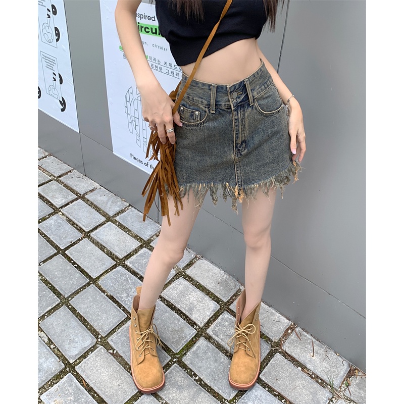 Chân váy jean Chữ A Lưng Cao Phong Cách retro Thời Trang Hàn Quốc Cho Nữ