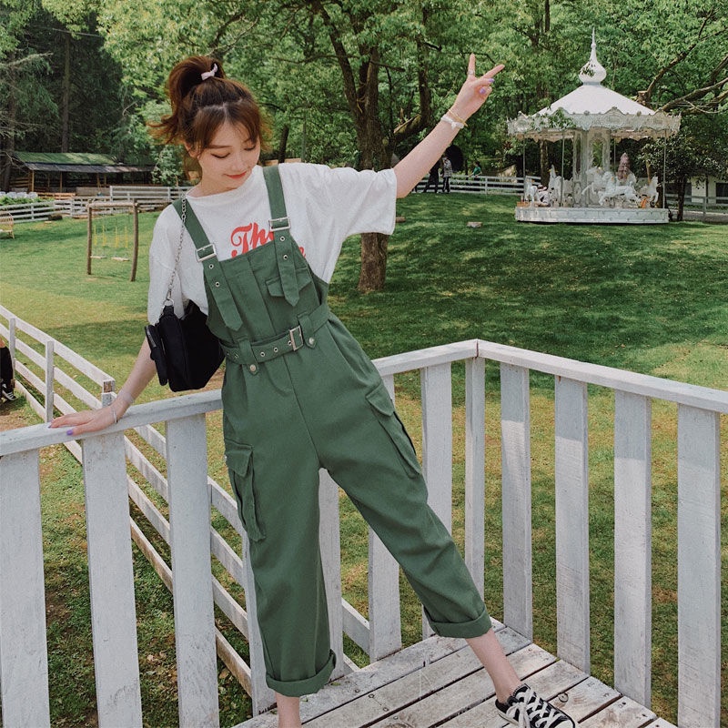 Áo Thun Ngắn Tay Kèm Quần Yếm Lưng Cao Thời Trang Hàn Quốc Cho Nữ