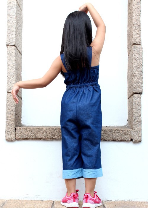 Jumpsuit denim bé gái xanh đậm