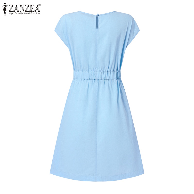 Đầm ZANZEA cotton ngắn tay lưng thun phối túi phong cách châu âu cho nữ